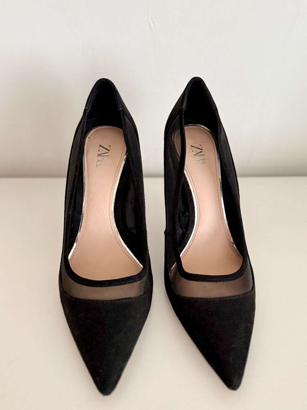 Zara Black Pointed Mesh and Suede Pumps